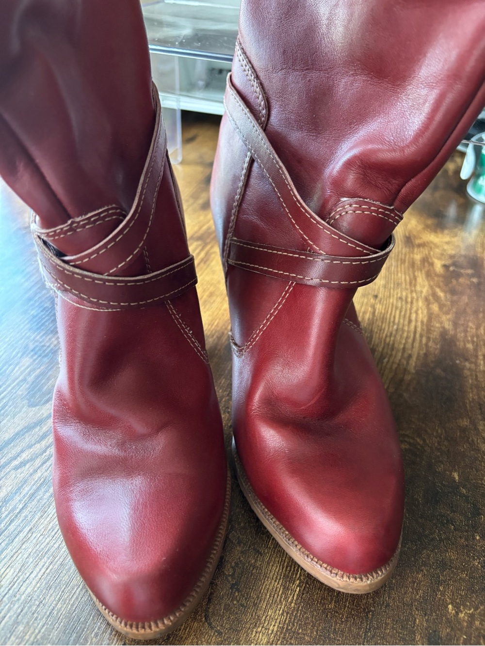 Vintage 70s Zodiac USA Red Leather Knee High Boots Stacked Wood Heel 6.5M